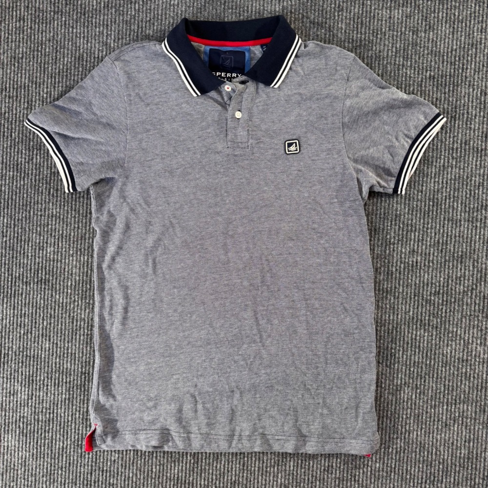 Sperry Top Sider Polo Boys M Navy Collar Prep Short Sleeve Nautical Beach‎